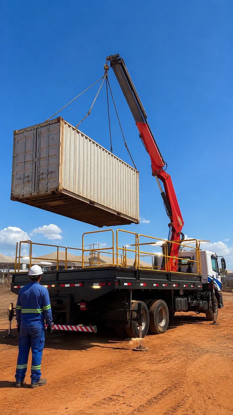 Içamento de container com caminhão Munck em canteiro de obra