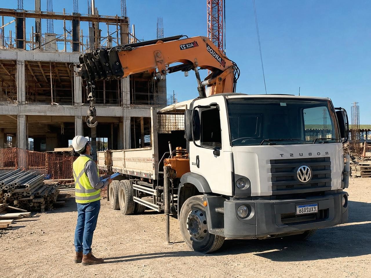 Inspeção de caminhão Munck em obra